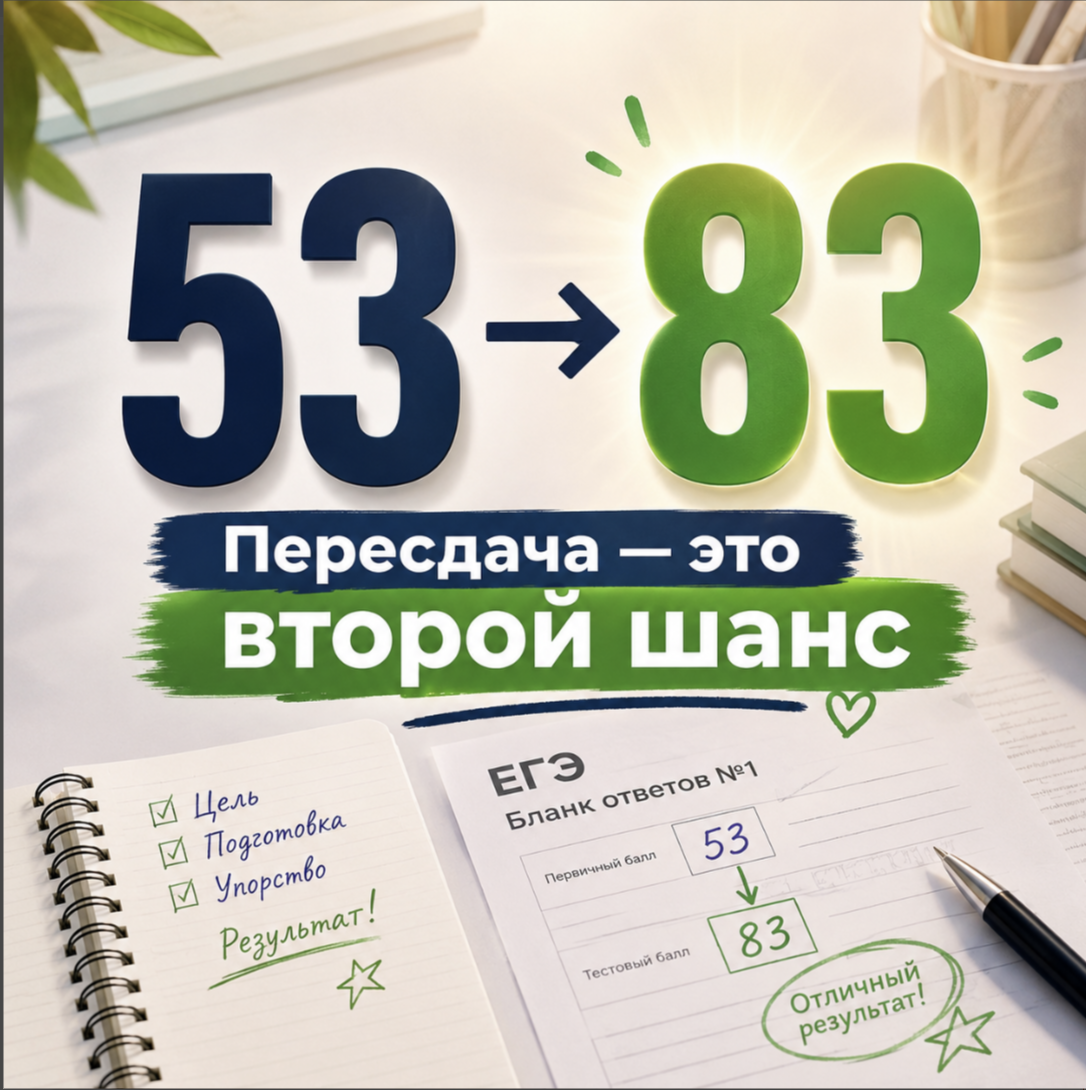 Пересдача ЕГЭ как второй шанс: рост результата с 53 до 83 баллов